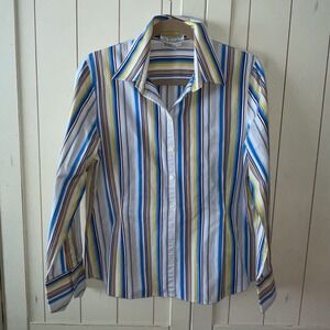 FINAL $ VTG Starington Striped Button Down Cotton Top 12 Blue White Yellow